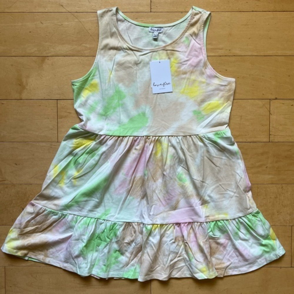 NWT - Love, Fire - Green and Pink Tie Dye Tank Tunic, sz XL, ruffles, Nordstrom